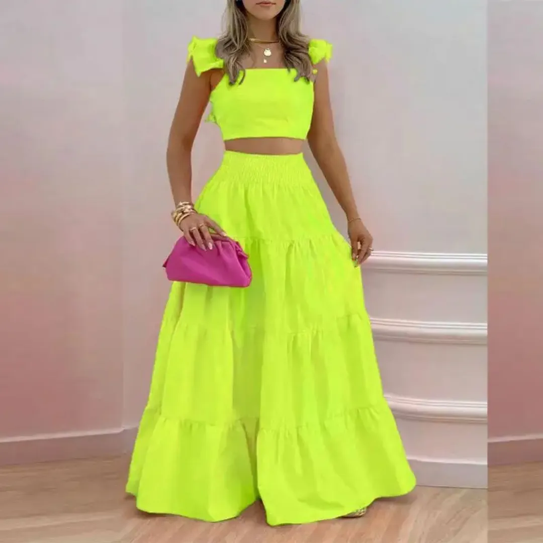 Ensemble Deux Pièces Femme Été – Top Court Volanté et Jupe Longue Évasée Bohème Chic
