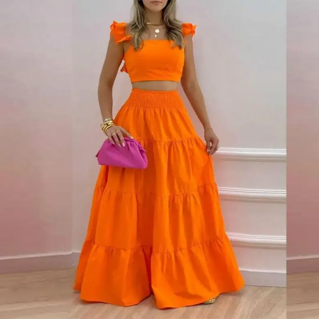 Ensemble Deux Pièces Femme Été – Top Court Volanté et Jupe Longue Évasée Bohème Chic