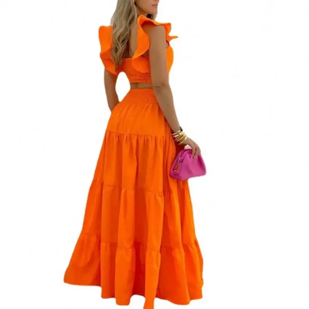 Ensemble Deux Pièces Femme Été – Top Court Volanté et Jupe Longue Évasée Bohème Chic