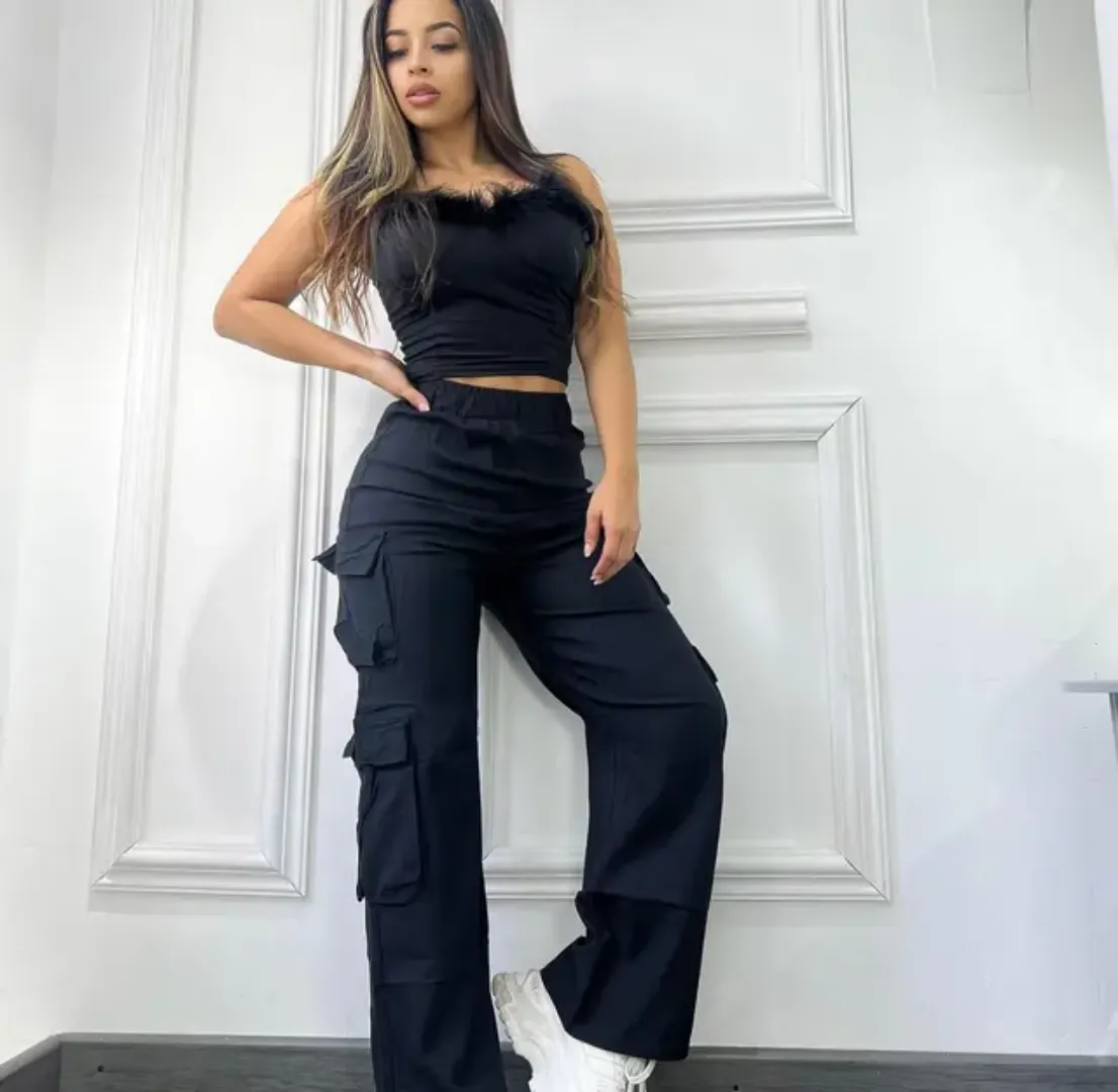 Pantalon Cargo Femme Taille Haute avec Poches Latérales – Streetwear Décontracté