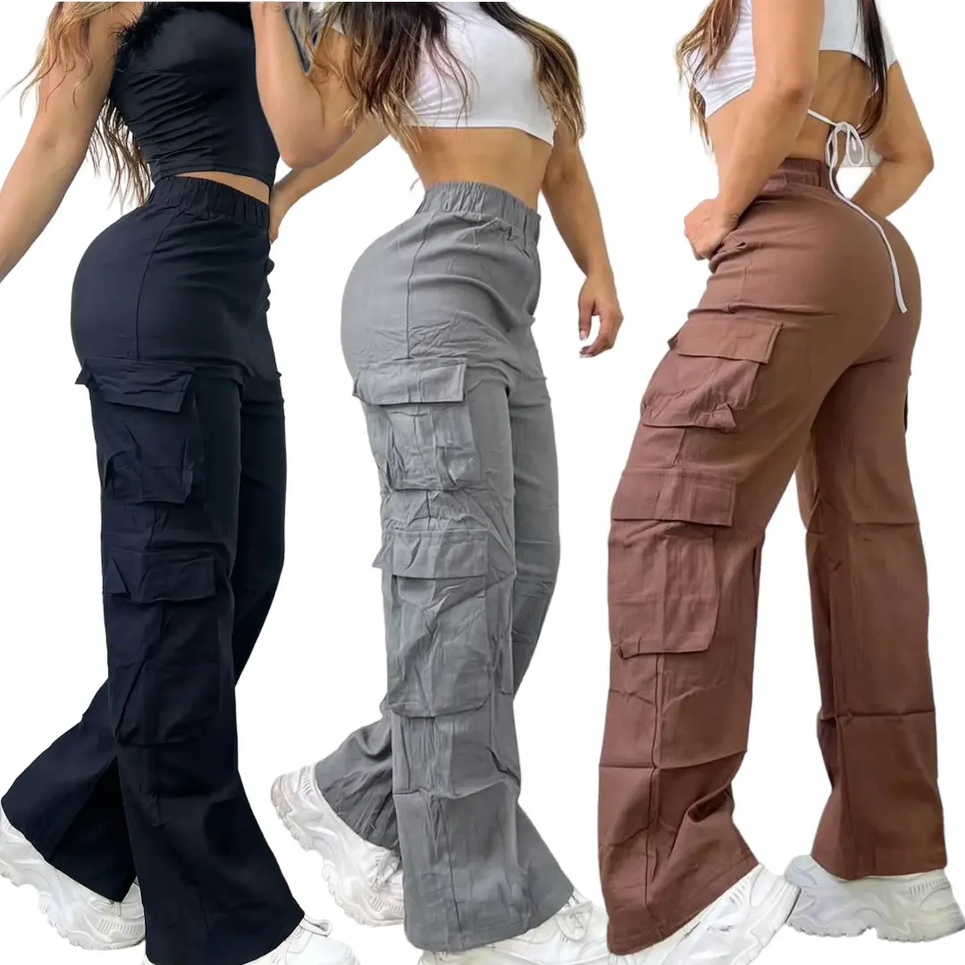 Pantalon Cargo Femme Taille Haute avec Poches Latérales – Streetwear Décontracté