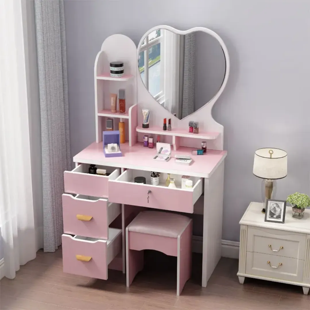 Table de Maquillage Moderne avec Miroir Cœur et Rangement – Coiffeuse Élégante pour Chambre