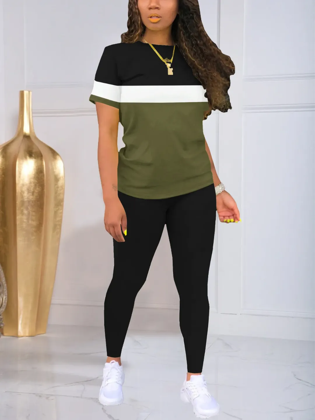 Ensemble Décontracté Femme 2 Pièces – T-shirt Rayé et Legging Uni