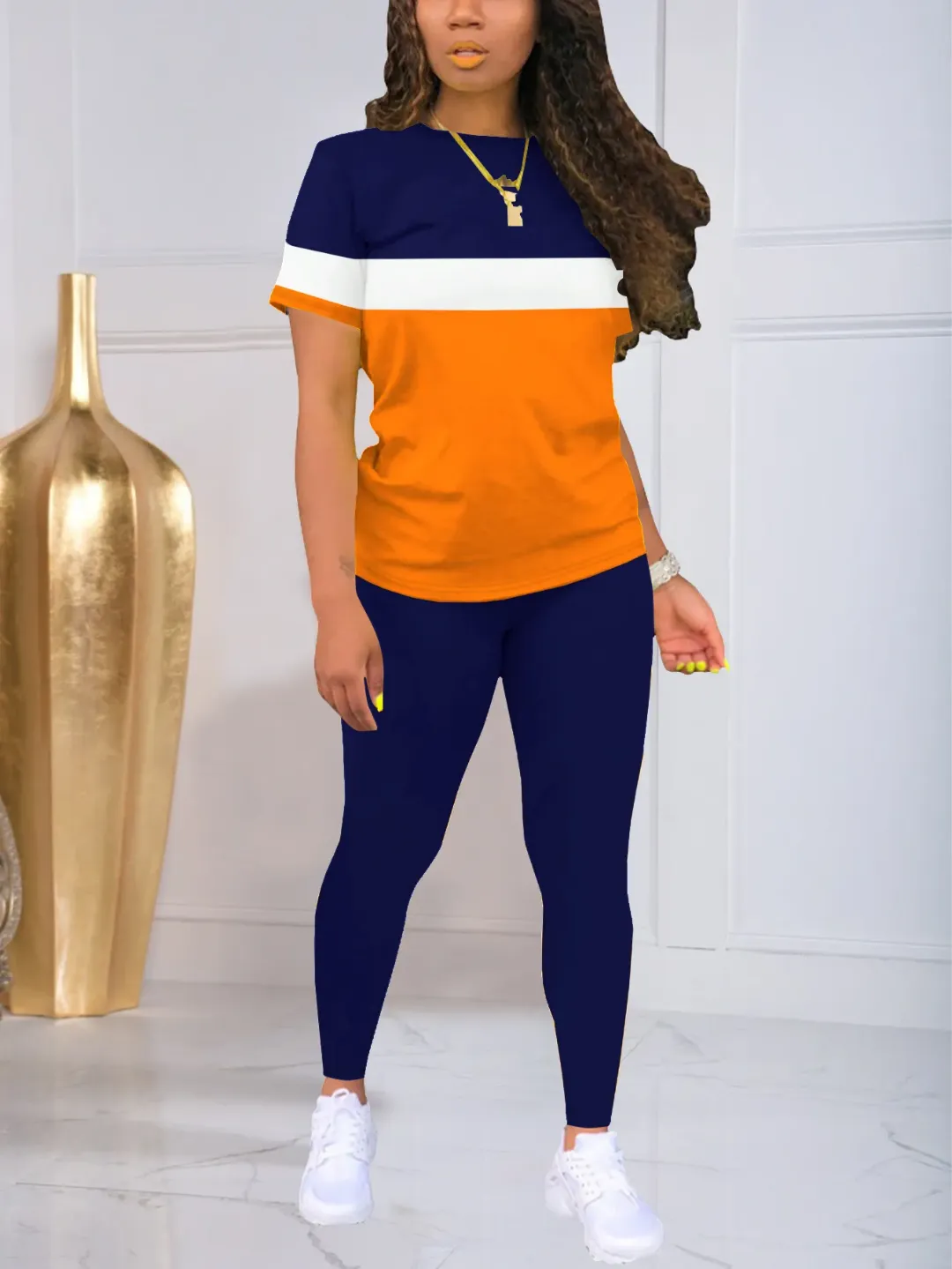 Ensemble Décontracté Femme 2 Pièces – T-shirt Rayé et Legging Uni