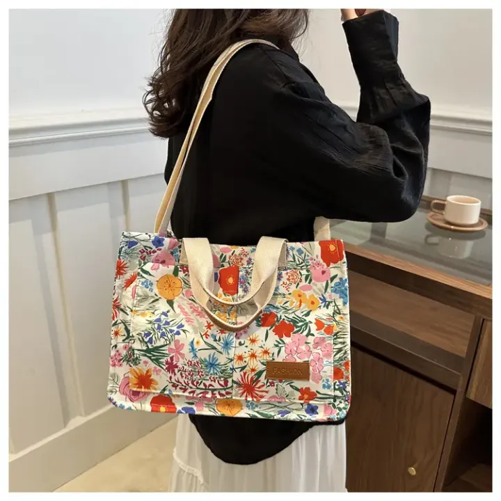 Sac à Main Tissu Floral avec Anses et Bandoulière – Sac Fourre-Tout Léger et Tendance pour Femme