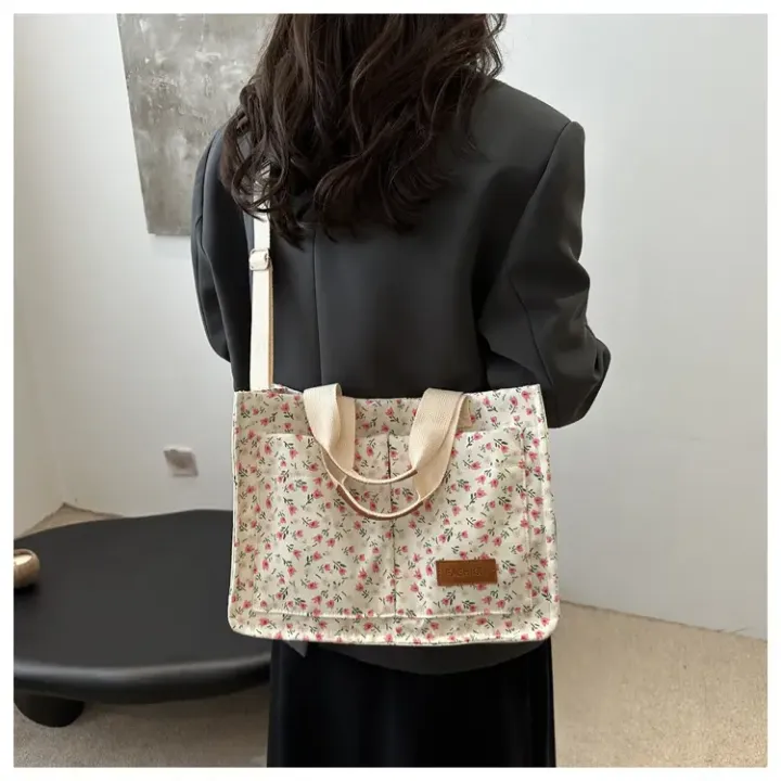 Sac à Main Tissu Floral avec Anses et Bandoulière – Sac Fourre-Tout Léger et Tendance pour Femme