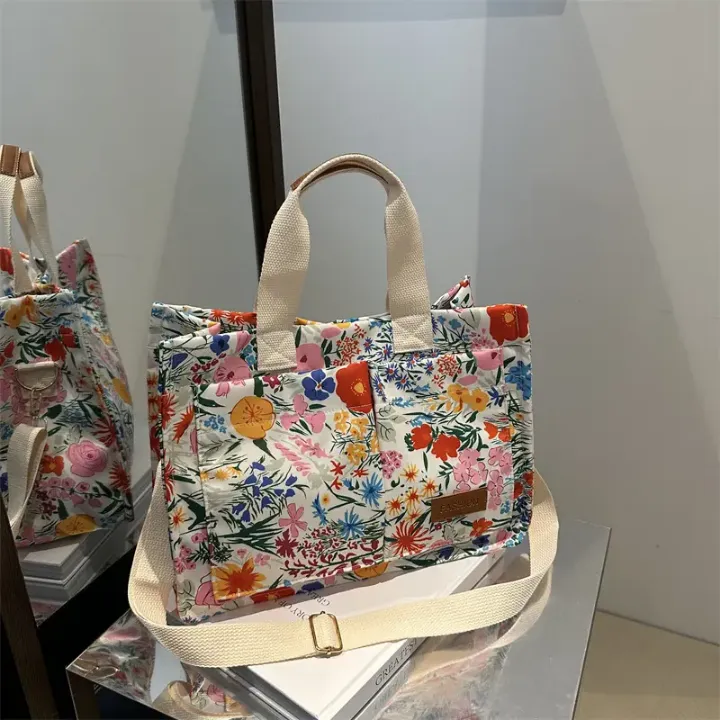 Sac à Main Tissu Floral avec Anses et Bandoulière – Sac Fourre-Tout Léger et Tendance pour Femme