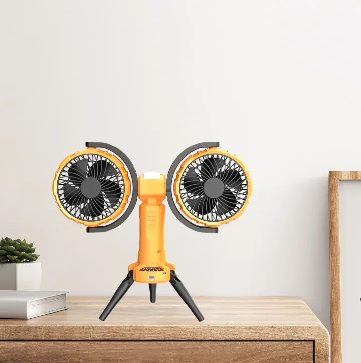 Ventilateur de Camping Rechargeable 8000mAh – Double Têtes, Trépied et Lampe LED Intégrée