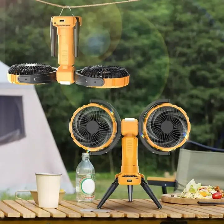 Ventilateur de Camping Rechargeable 8000mAh – Double Têtes, Trépied et Lampe LED Intégrée