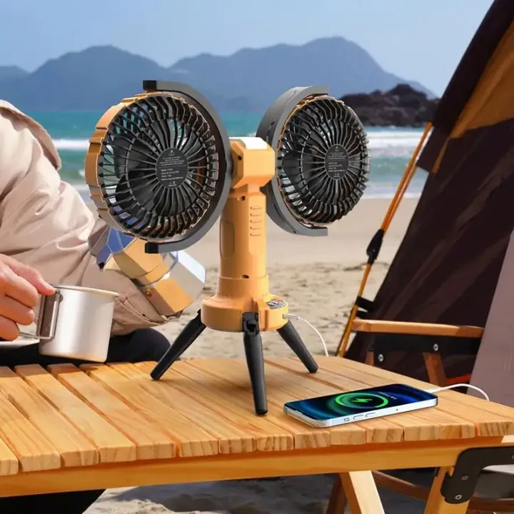 Ventilateur de Camping Rechargeable 8000mAh – Double Têtes, Trépied et Lampe LED Intégrée