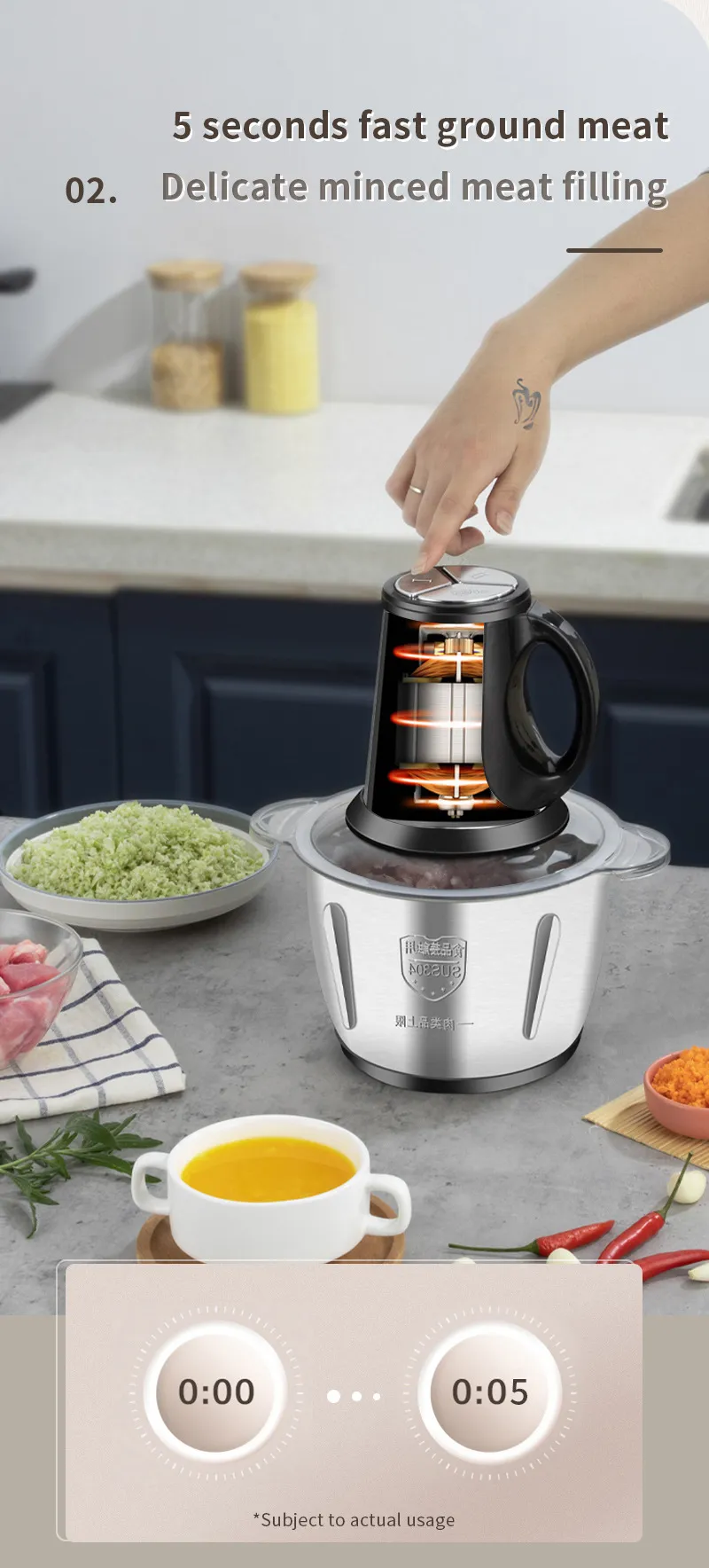 Hachoir Électrique Multifonction 3L – Inox SUS304, Compact, Efficace et Durable