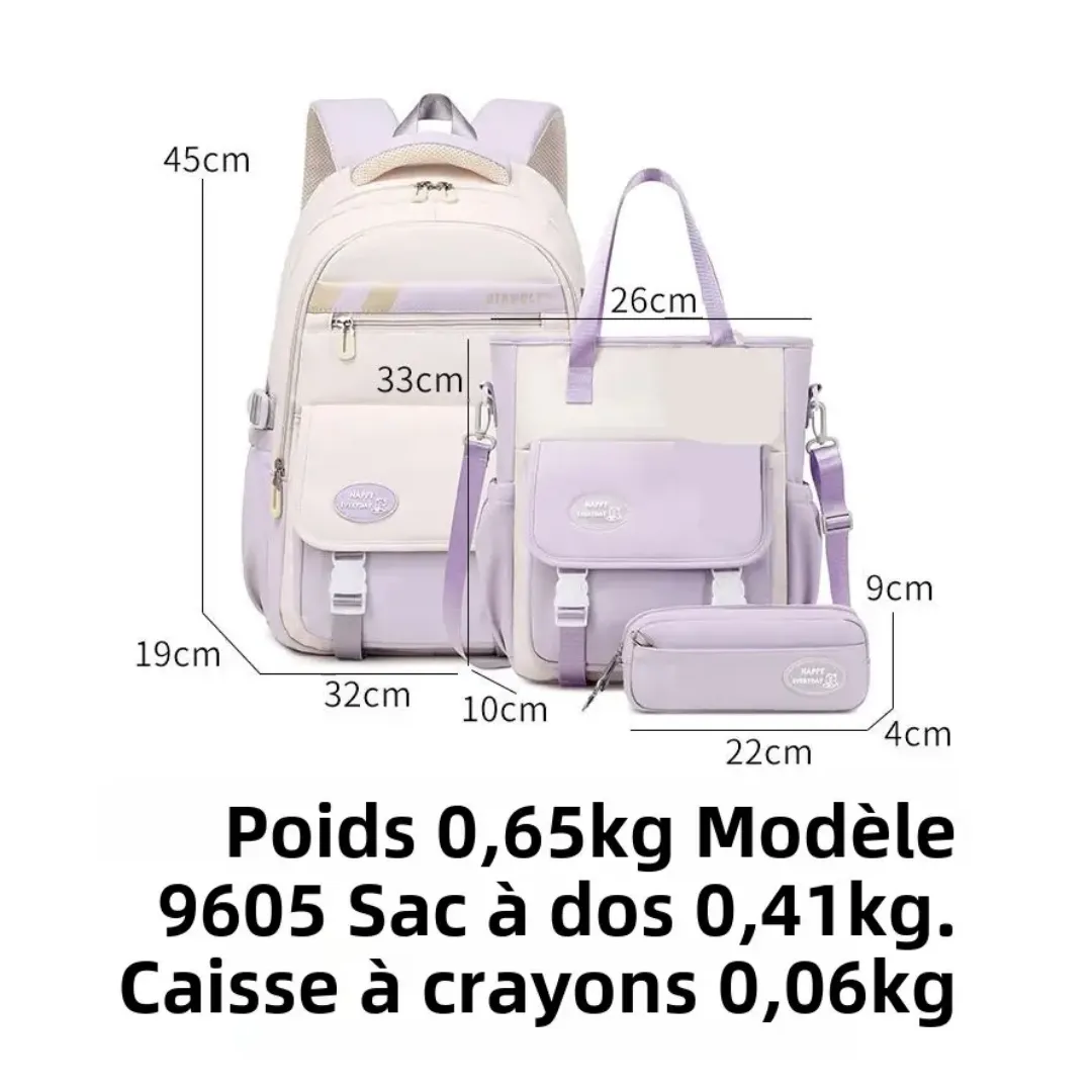 Cartable 3 pièces imperméable – Sac à dos scolaire design pour filles et garçons