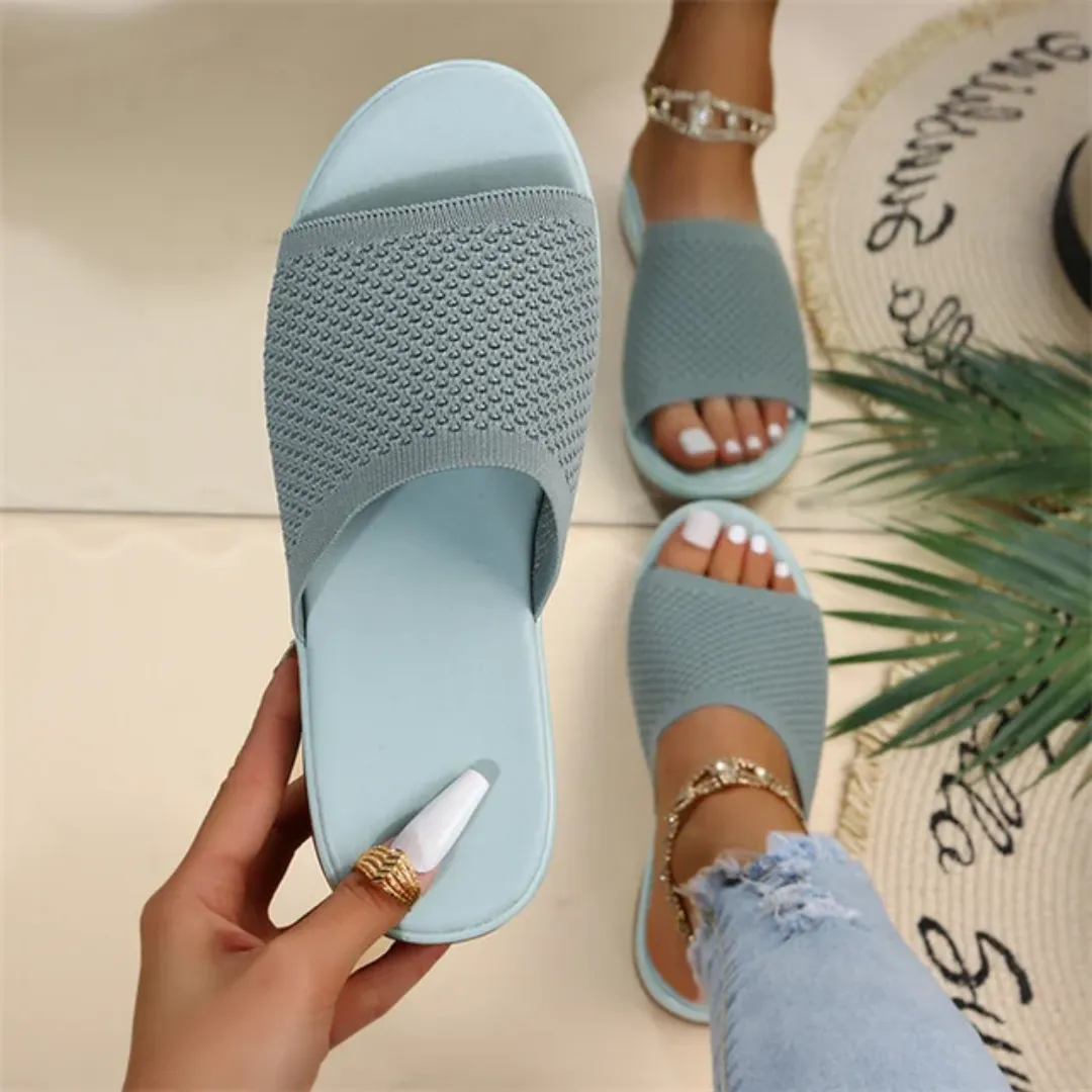 Sandales Plates Femme Confortables – Bout Rond Ouvert, Style Maille Respirante, Ultra Légères Été & Intérieur