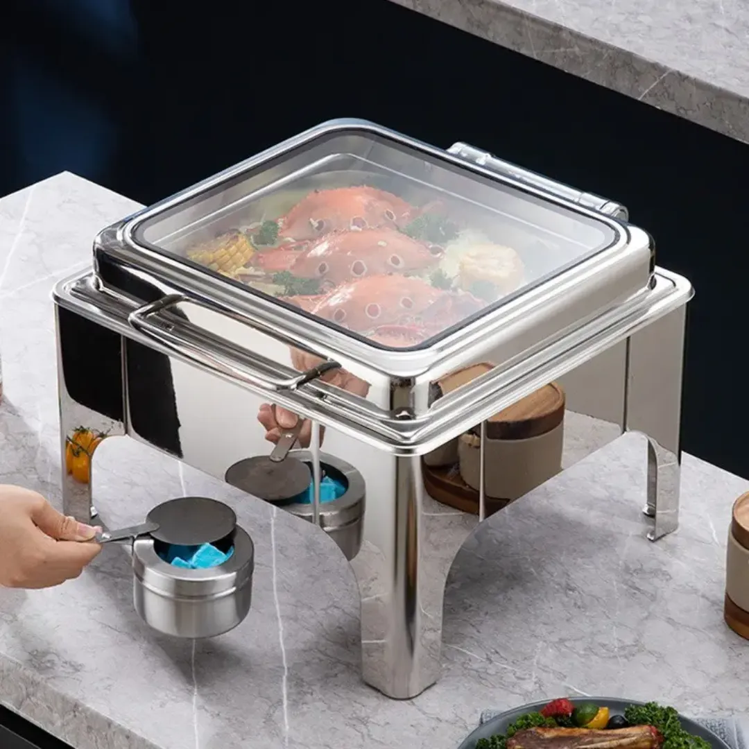 Chafing Dish Carré 6L en Inox avec Couvercle en Verre - Présentoir Chauffe-Plat de Luxe pour Buffet