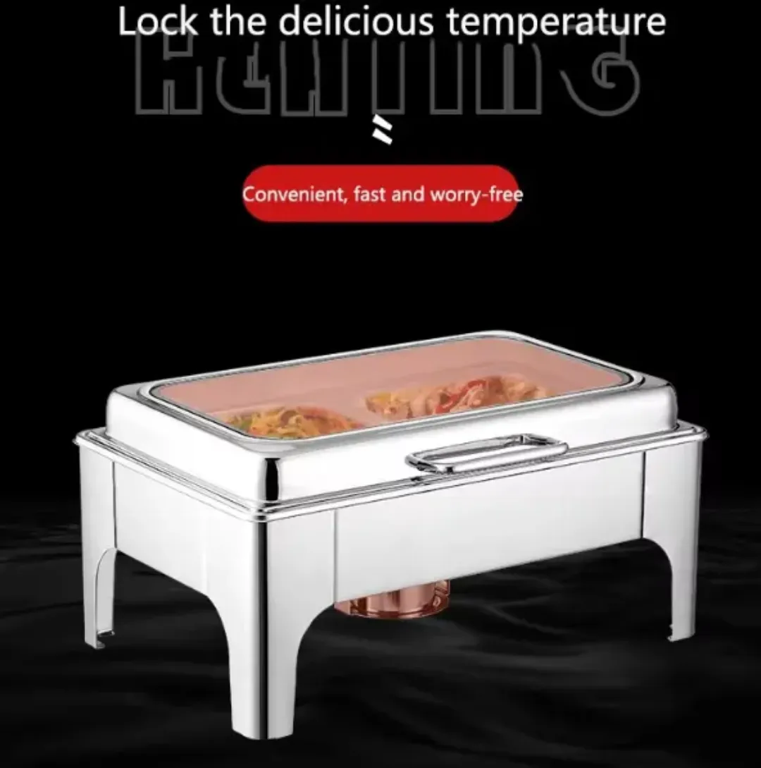Chafing Dish Rectangulaire Luxe avec Couvercle en Verre - Acier Inoxydable 9L pour Buffets et Hôtels