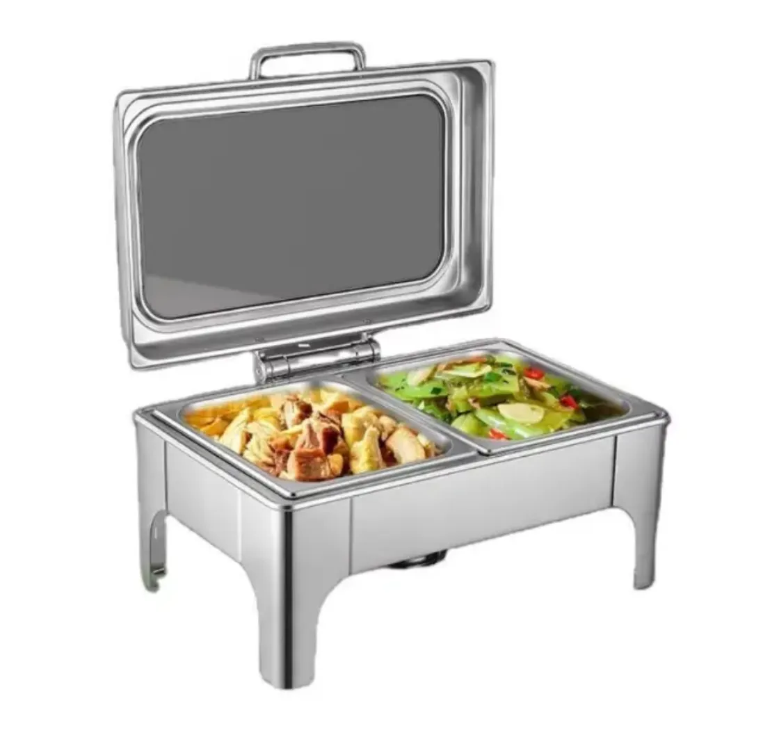 Chafing Dish Rectangulaire Luxe avec Couvercle en Verre - Acier Inoxydable 9L pour Buffets et Hôtels