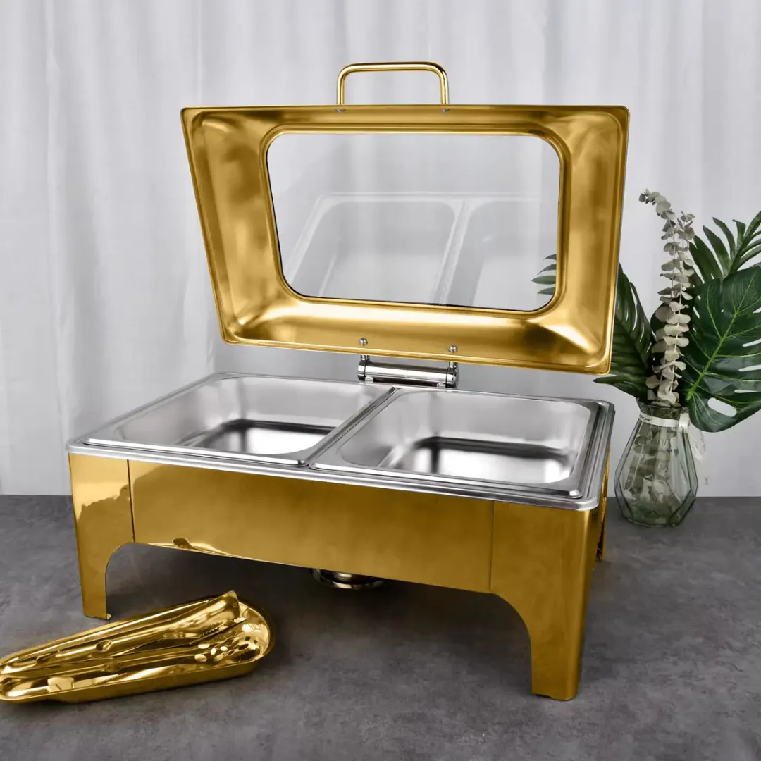 Chafing Dish Rectangulaire Luxe avec Couvercle en Verre - Acier Inoxydable 9L pour Buffets et Hôtels