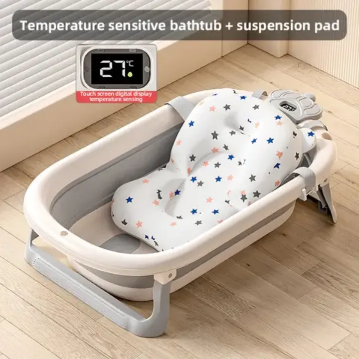 Baignoire Bébé Pliable avec Détection de Température et Coussin de Bain – Pour Nouveau-nés et Enfants