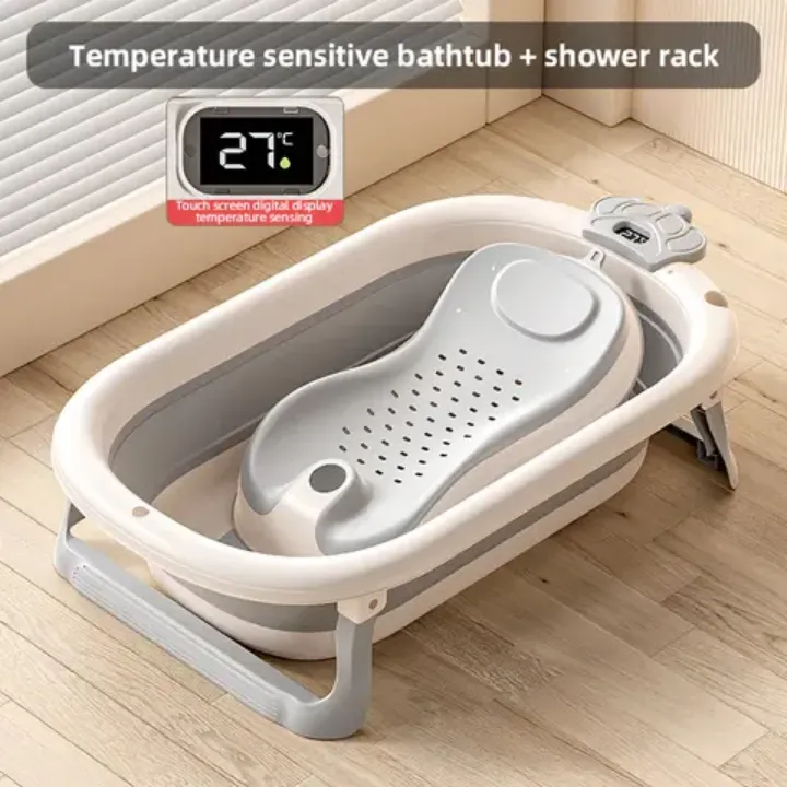 Baignoire Bébé Pliable avec Détection de Température et Coussin de Bain – Pour Nouveau-nés et Enfants