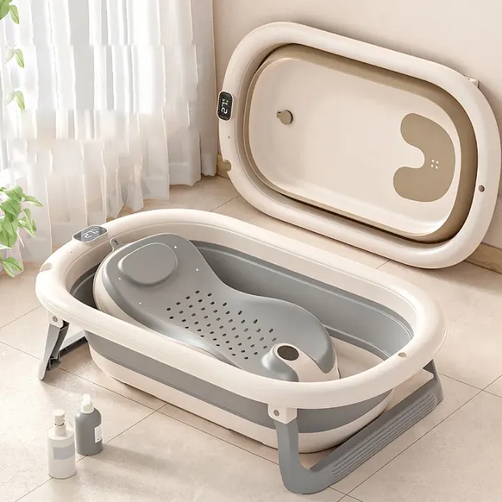 Baignoire Bébé Pliable avec Détection de Température et Coussin de Bain – Pour Nouveau-nés et Enfants