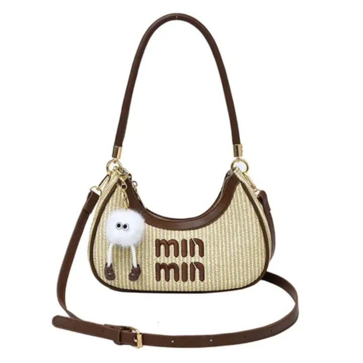 Sac à Main Femme Paille et Simili Cuir "Min Min" avec Porte-Clé Peluche