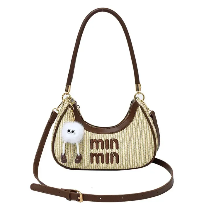 Sac à Main Femme Paille et Simili Cuir "Min Min" avec Porte-Clé Peluche