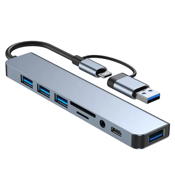 Hub USB-C 8 en 1 - Station d'Extension Multiport en Aluminium avec USB 3.0, SD/TF, Audio 3.5mm, PD 5W - Pour PC, MacBook et Smartphones
