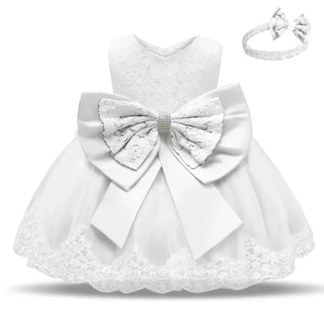 Robe Princesse Bébé Fille avec Bandeau – Tulle et Dentelle Élégante – Idéale Baptême, Mariage, Anniversaire