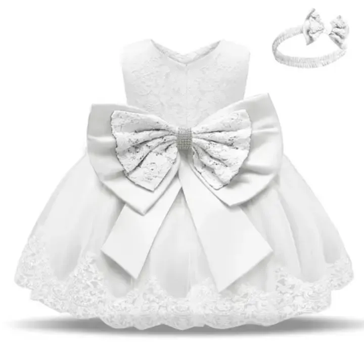 Robe Princesse Bébé Fille avec Bandeau – Tulle et Dentelle Élégante – Idéale Baptême, Mariage, Anniversaire