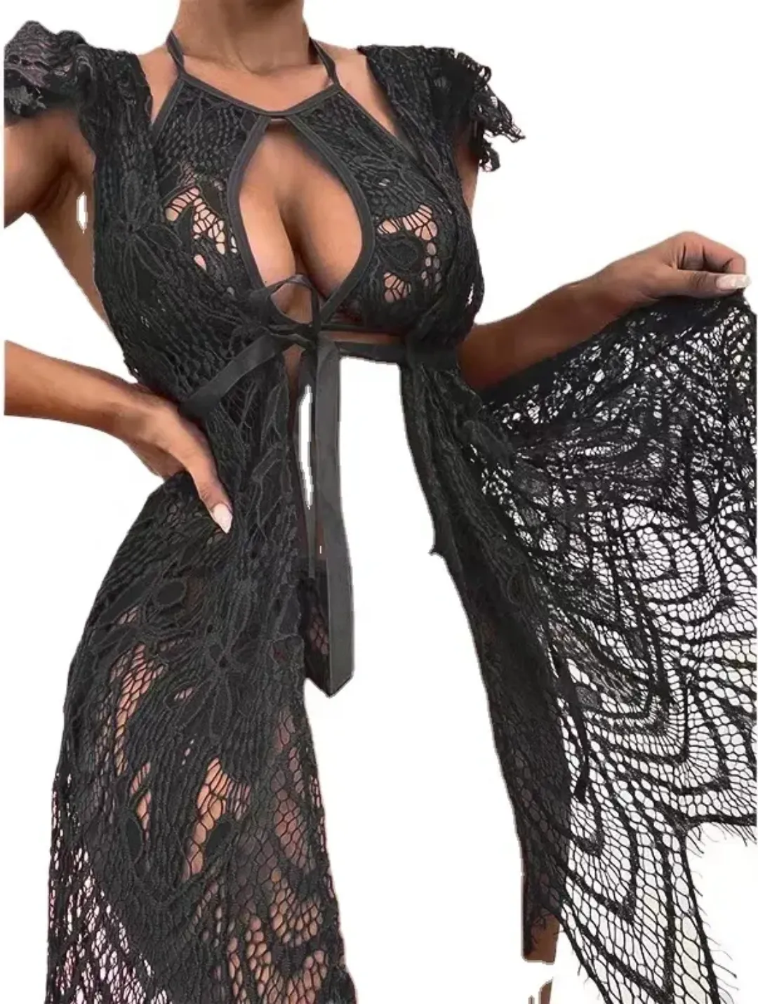 Peignoir Long en Dentelle Sexy pour Femmes – Lingerie Transparente, Élégante et Sensuelle 2025