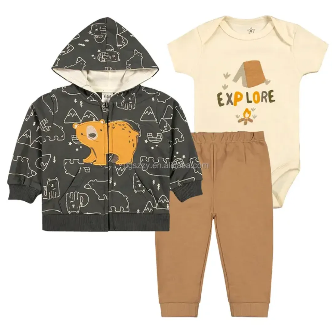 Ensemble 3 Pièces Bébé - Veste Capuche + Pantalon + Barboteuse - Coton Doux et Respirant - Tailles 6M à 24M