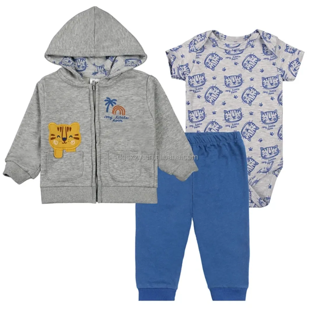 Ensemble 3 Pièces Bébé - Veste Capuche + Pantalon + Barboteuse - Coton Doux et Respirant - Tailles 6M à 24M