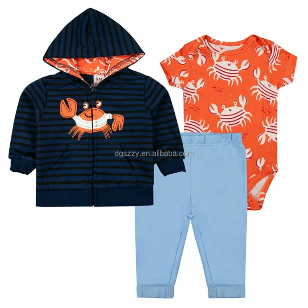 Ensemble 3 Pièces Bébé - Veste Capuche + Pantalon + Barboteuse - Coton Doux et Respirant - Tailles 6M à 24M