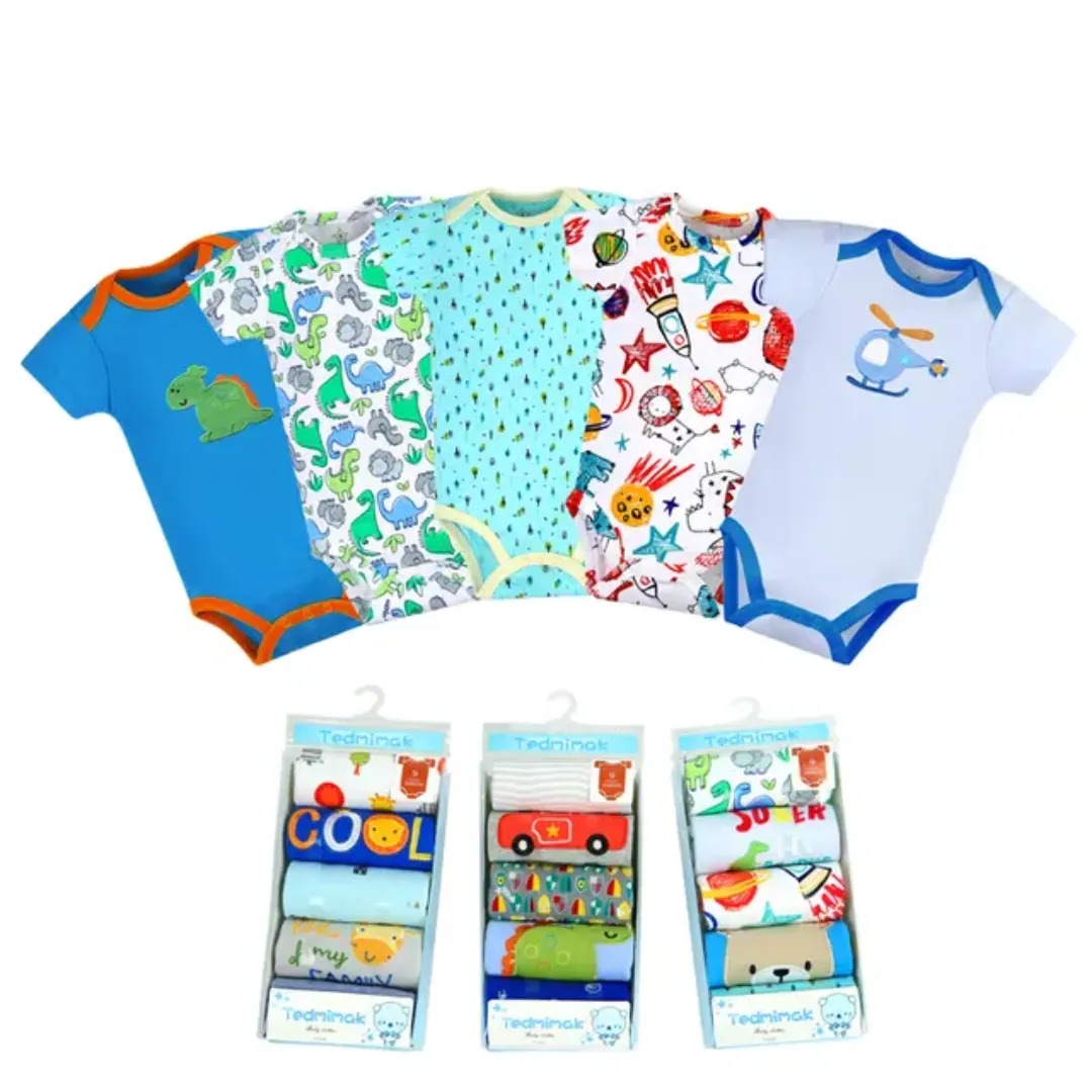Lot de 5 Barboteuses Bébé – Coton Doux, Manches Courtes – 0 à 24 Mois – Motifs Animés
