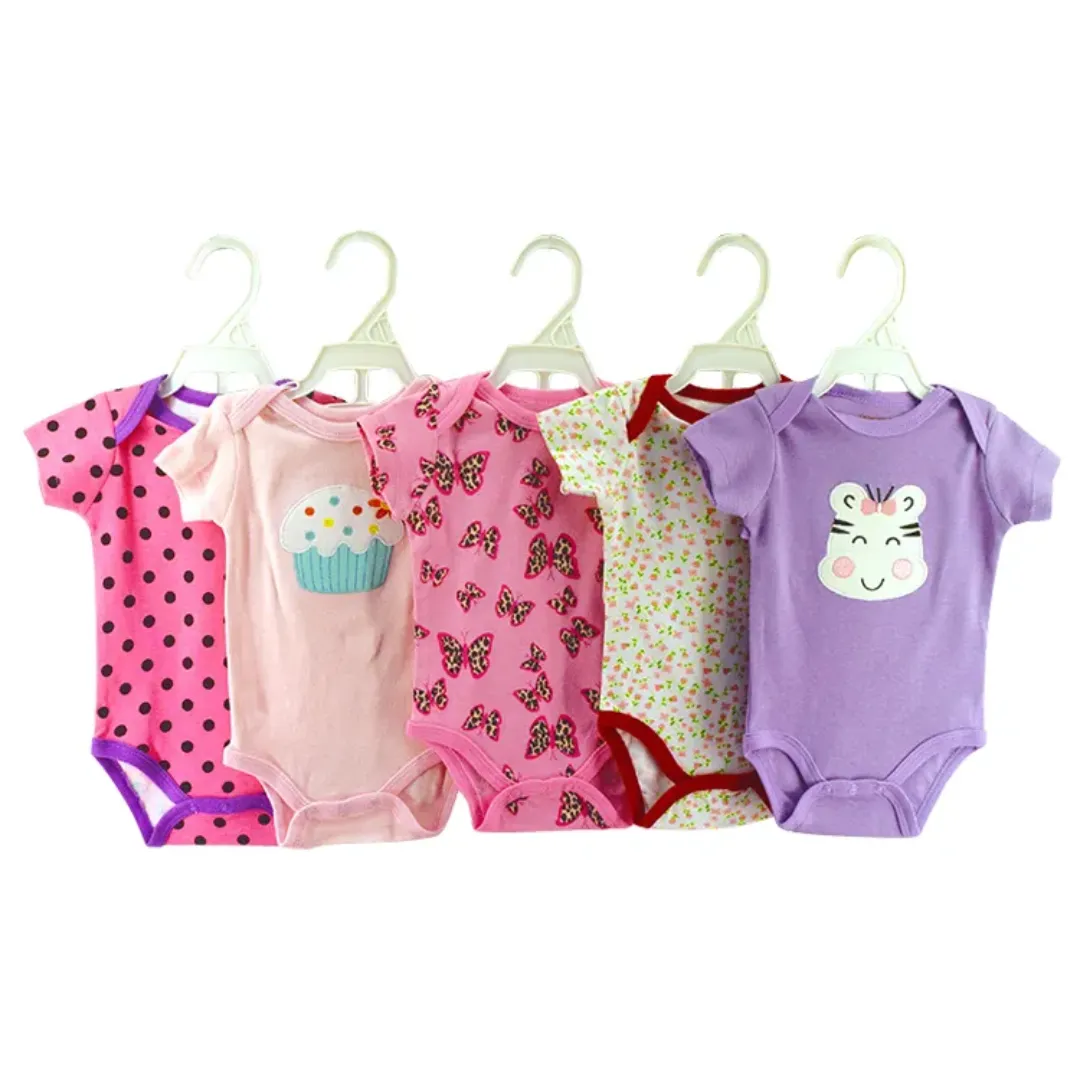 Lot de 5 Barboteuses Bébé – Coton Doux, Manches Courtes – 0 à 24 Mois – Motifs Animés