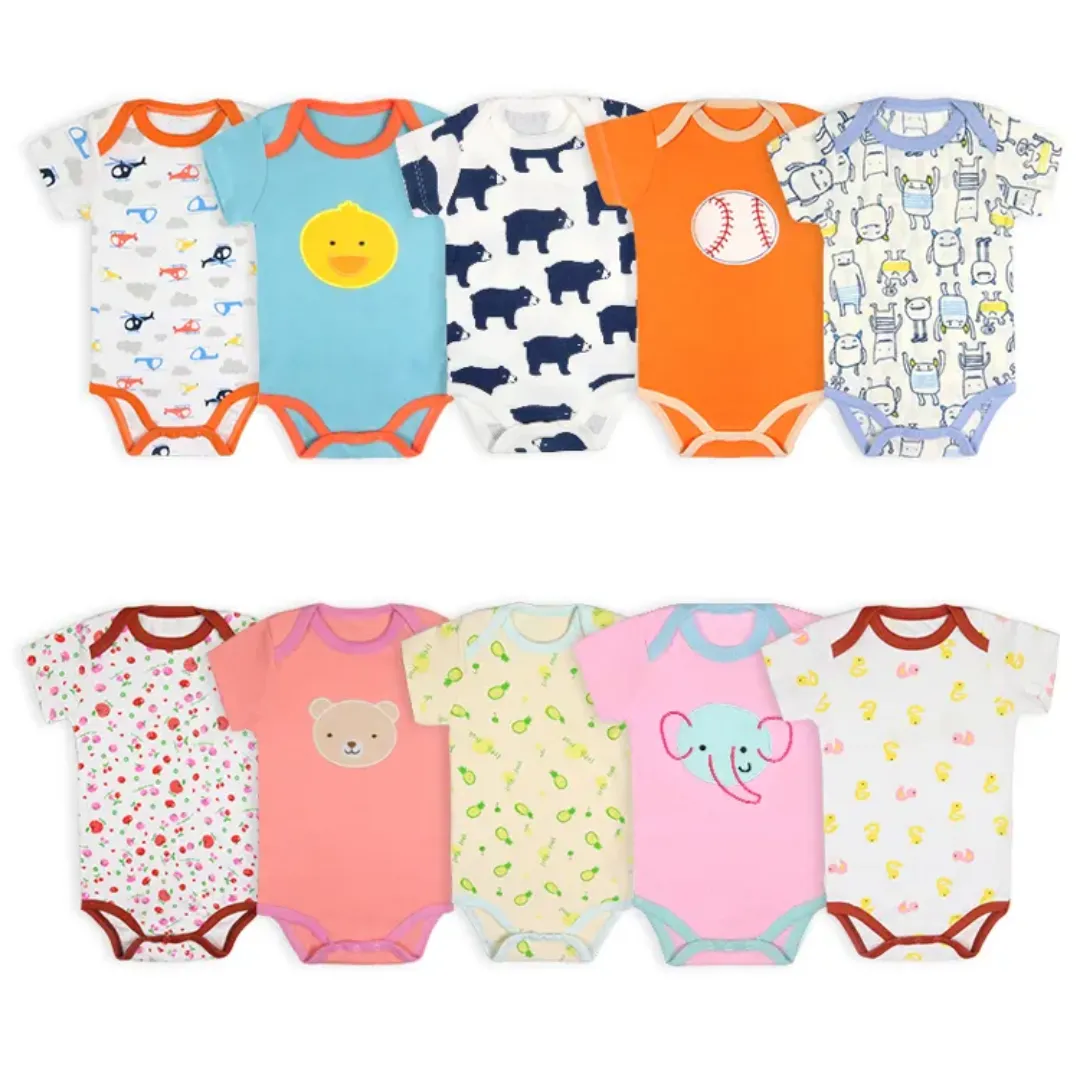 Lot de 5 Barboteuses Bébé – Coton Doux, Manches Courtes – 0 à 24 Mois – Motifs Animés