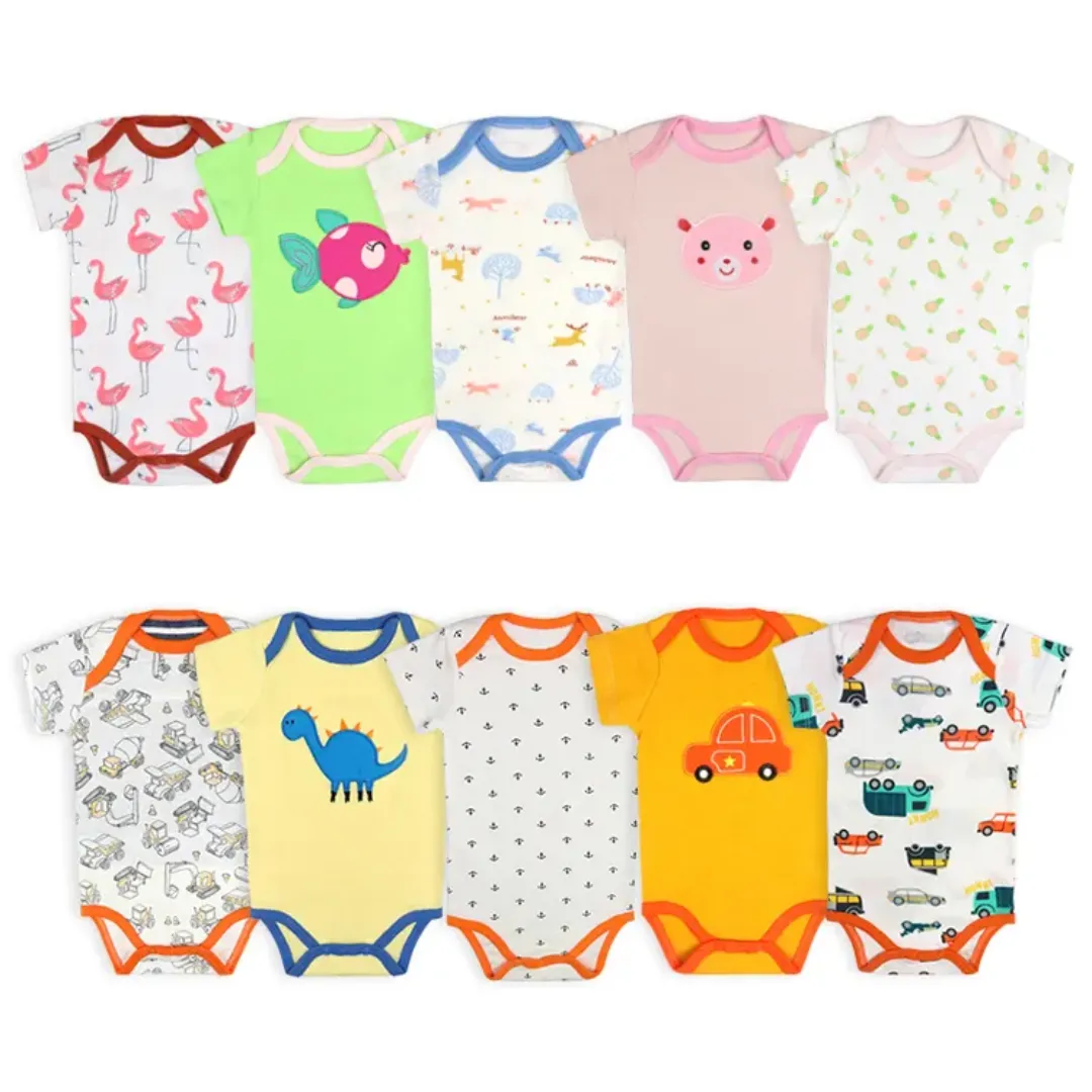 Lot de 5 Barboteuses Bébé – Coton Doux, Manches Courtes – 0 à 24 Mois – Motifs Animés