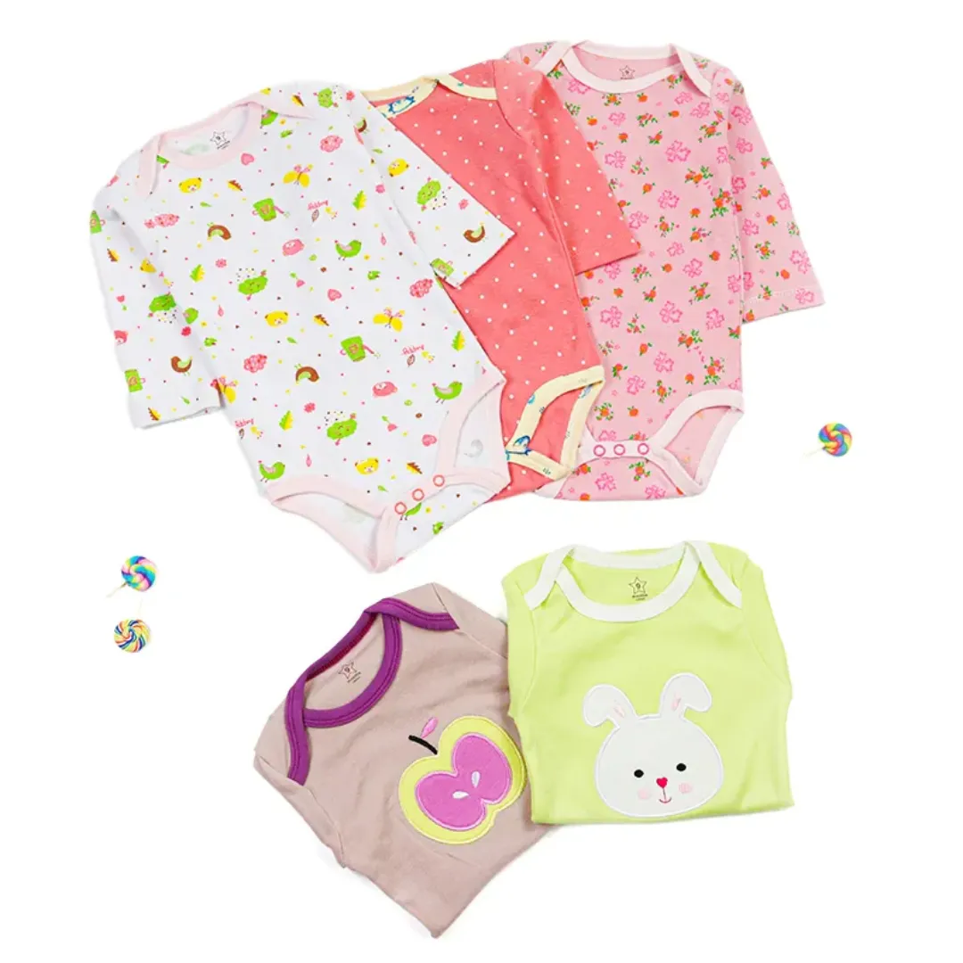 Lot de 5 Barboteuses Bébé – Coton Doux, Manches longues – 0 à 24 Mois – Motifs Animés