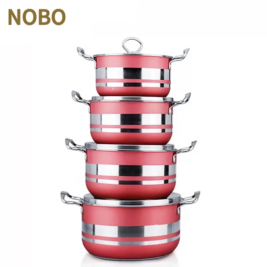 Ensemble de 4 Marmites en Acier Inoxydable - Design Rouge Élégant, Compatible Tous Feux, Idéal pour Soupe, Bouillon et Plats Familiaux