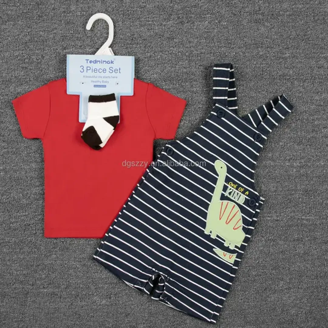 Ensemble 3 Pièces Bébé Été – T-shirt + Salopette à Bretelles Motif Animalier + Chaussettes– 6 à 24 Mois