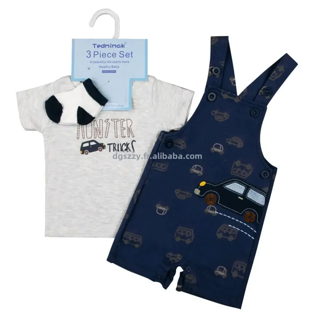 Ensemble 3 Pièces Bébé Été – T-shirt + Salopette à Bretelles Motif Animalier + Chaussettes– 6 à 24 Mois