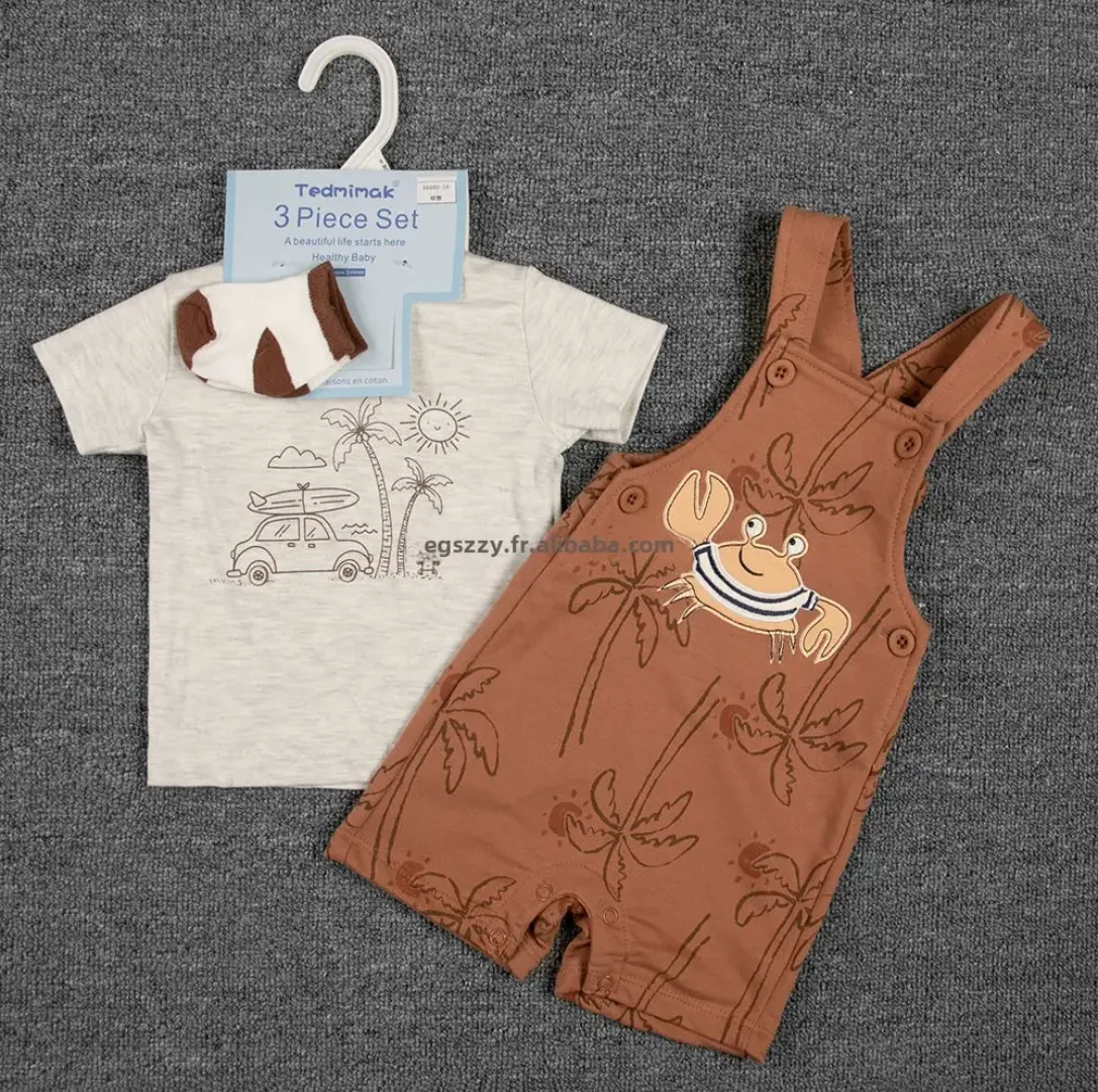 Ensemble 3 Pièces Bébé Été – T-shirt + Salopette à Bretelles Motif Animalier + Chaussettes– 6 à 24 Mois