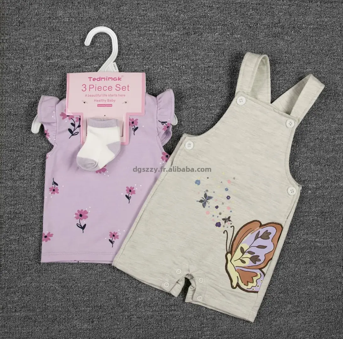 Ensemble 3 Pièces Bébé Été – T-shirt + Salopette à Bretelles Motif Animalier + Chaussettes– 6 à 24 Mois