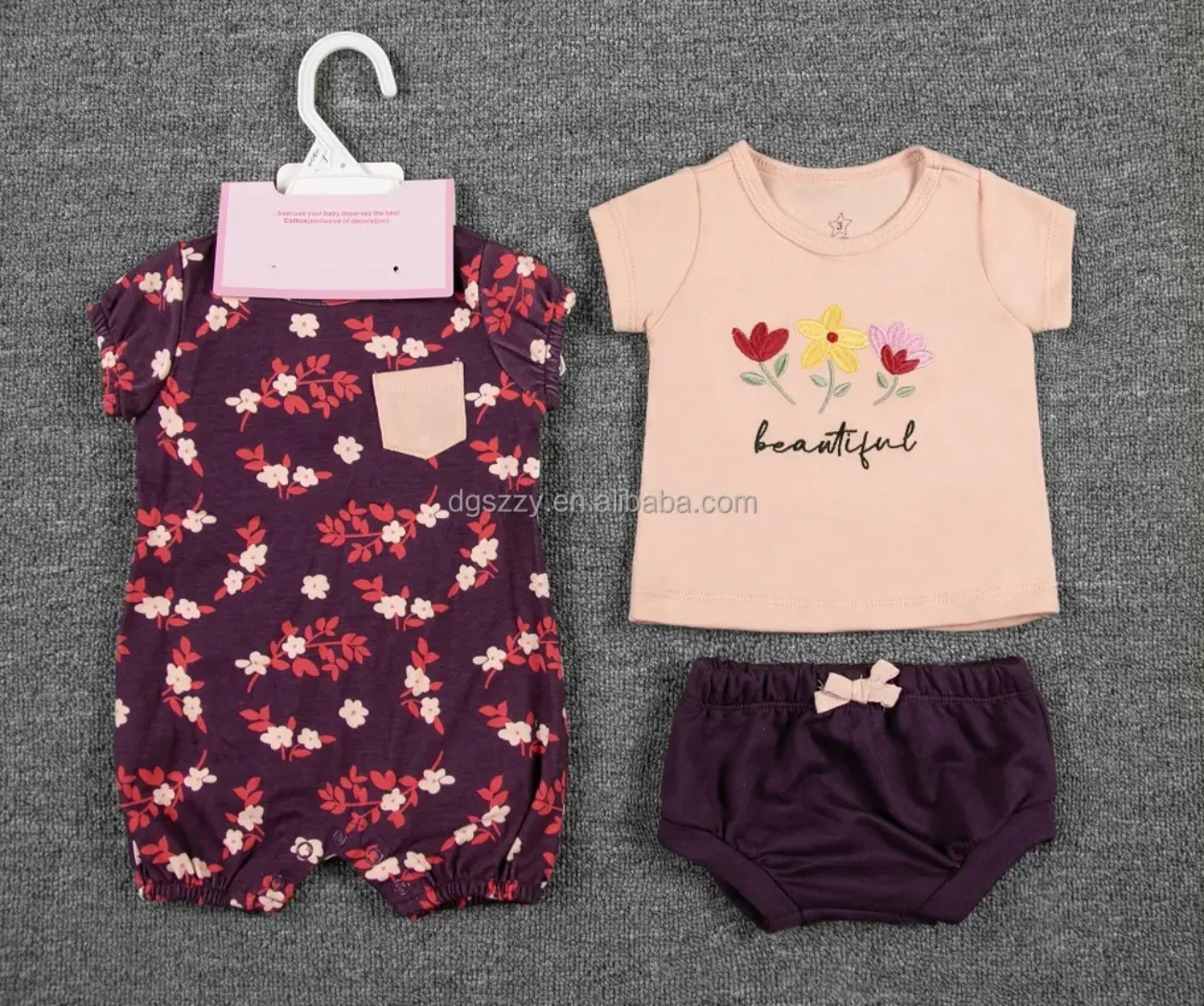 Ensemble Bébé Fille 3 Pièces - T-shirt, Short et Barboteuse à Motifs - 3 à 12 Mois