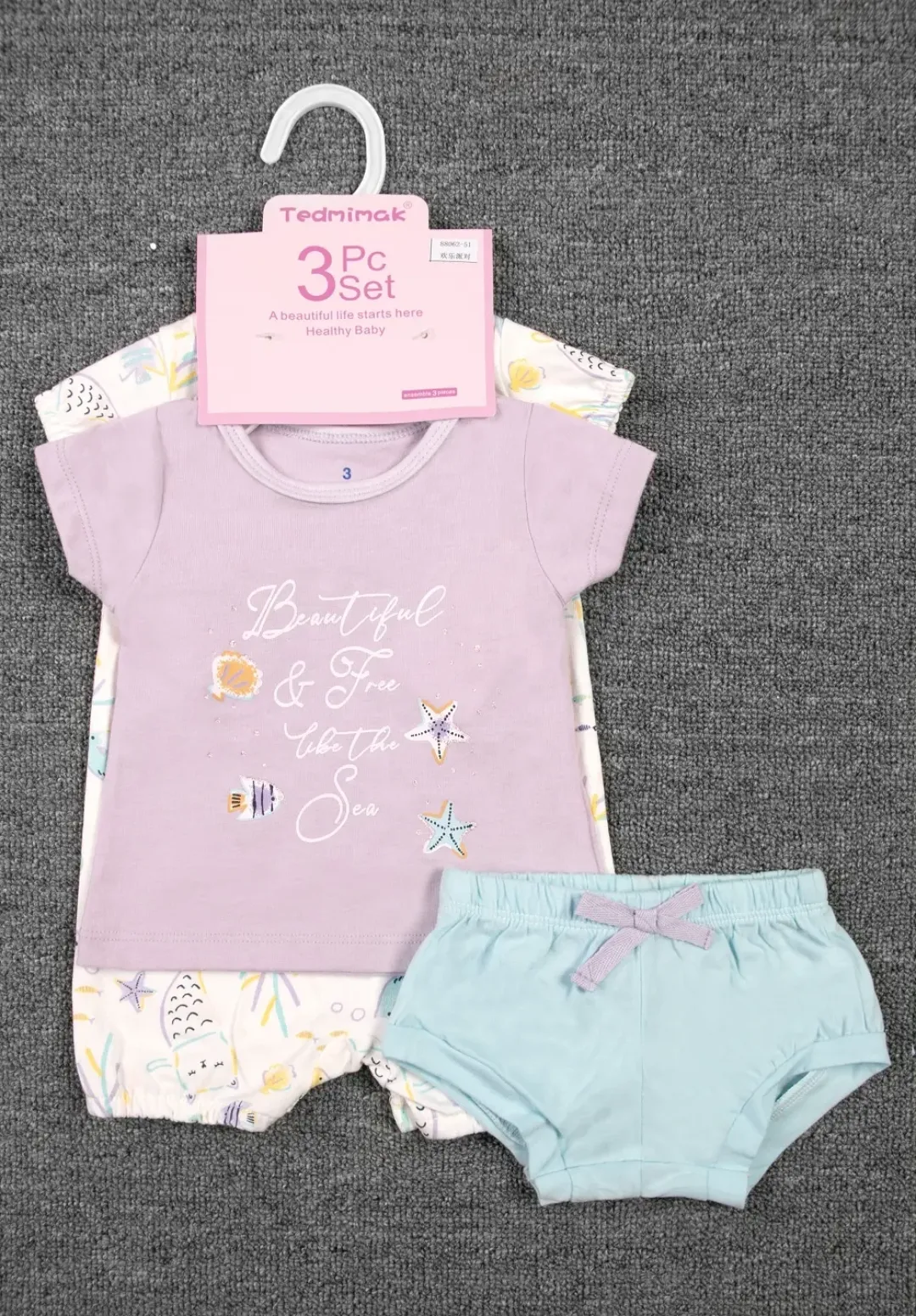 Ensemble Bébé Fille 3 Pièces - T-shirt, Short et Barboteuse à Motifs - 3 à 12 Mois