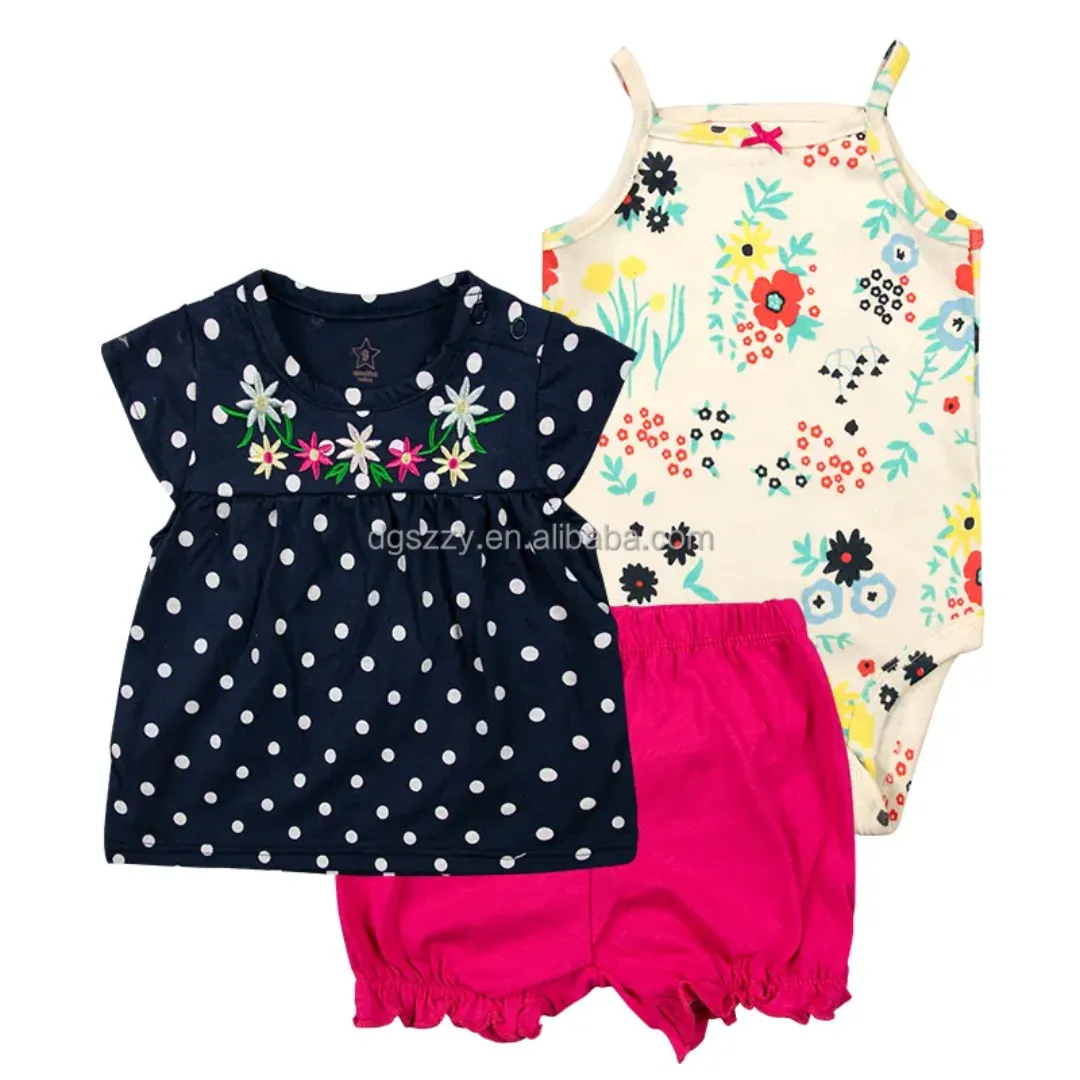 Lot de 3 Pièces Été pour Bébé Fille – Robe Fleurie, Body et Short – Coton Doux – Style Princesse
