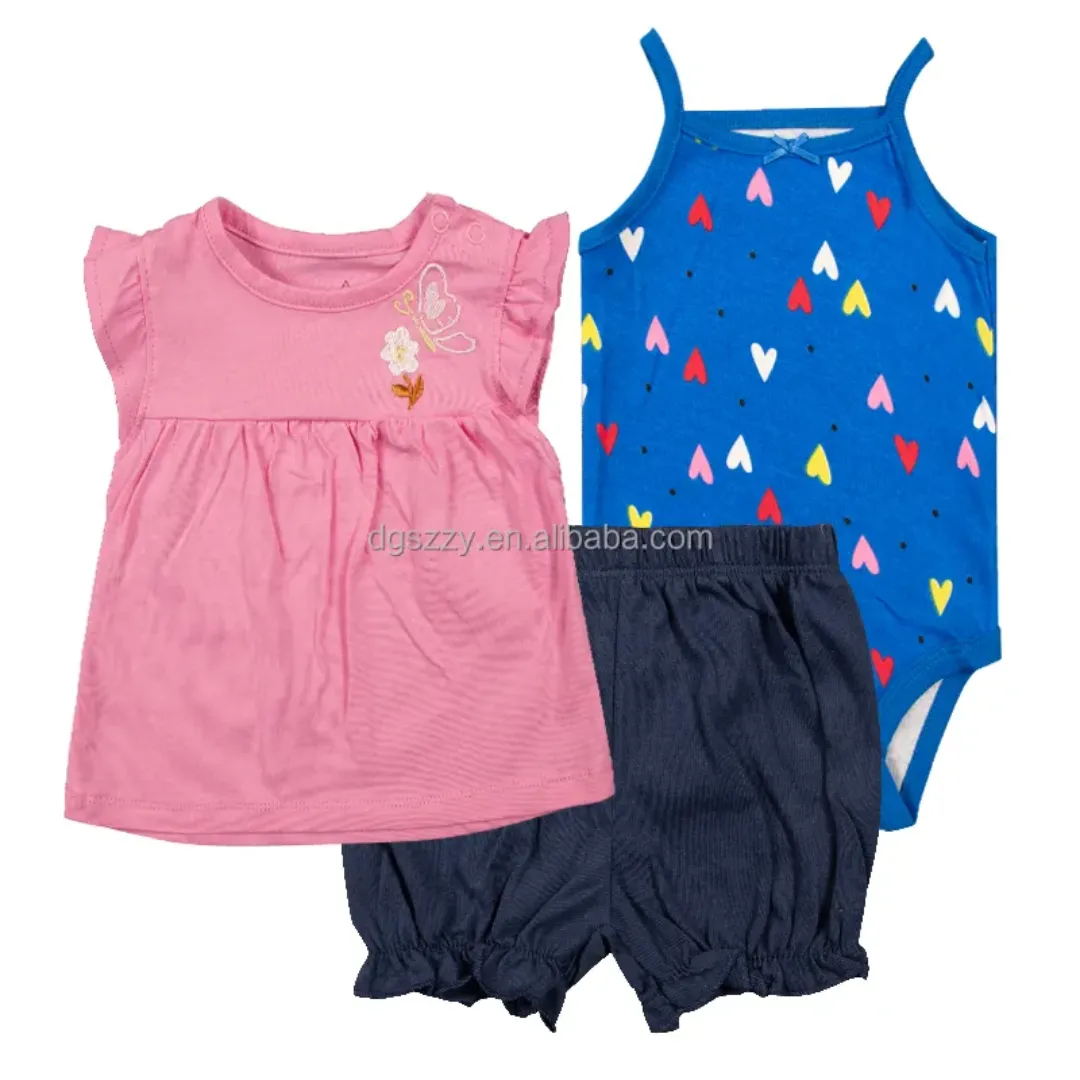 Lot de 3 Pièces Été pour Bébé Fille – Robe Fleurie, Body et Short – Coton Doux – Style Princesse
