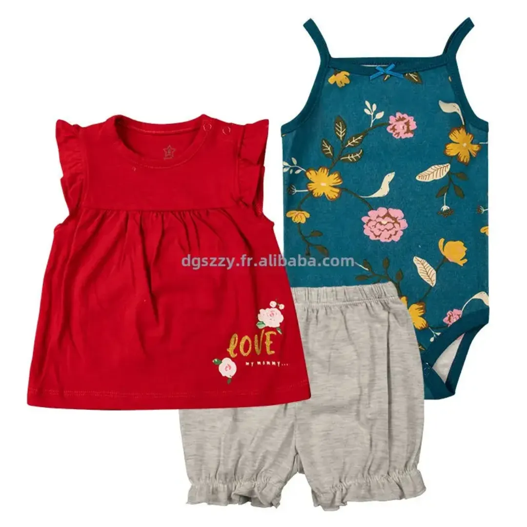 Lot de 3 Pièces Été pour Bébé Fille – Robe Fleurie, Body et Short – Coton Doux – Style Princesse