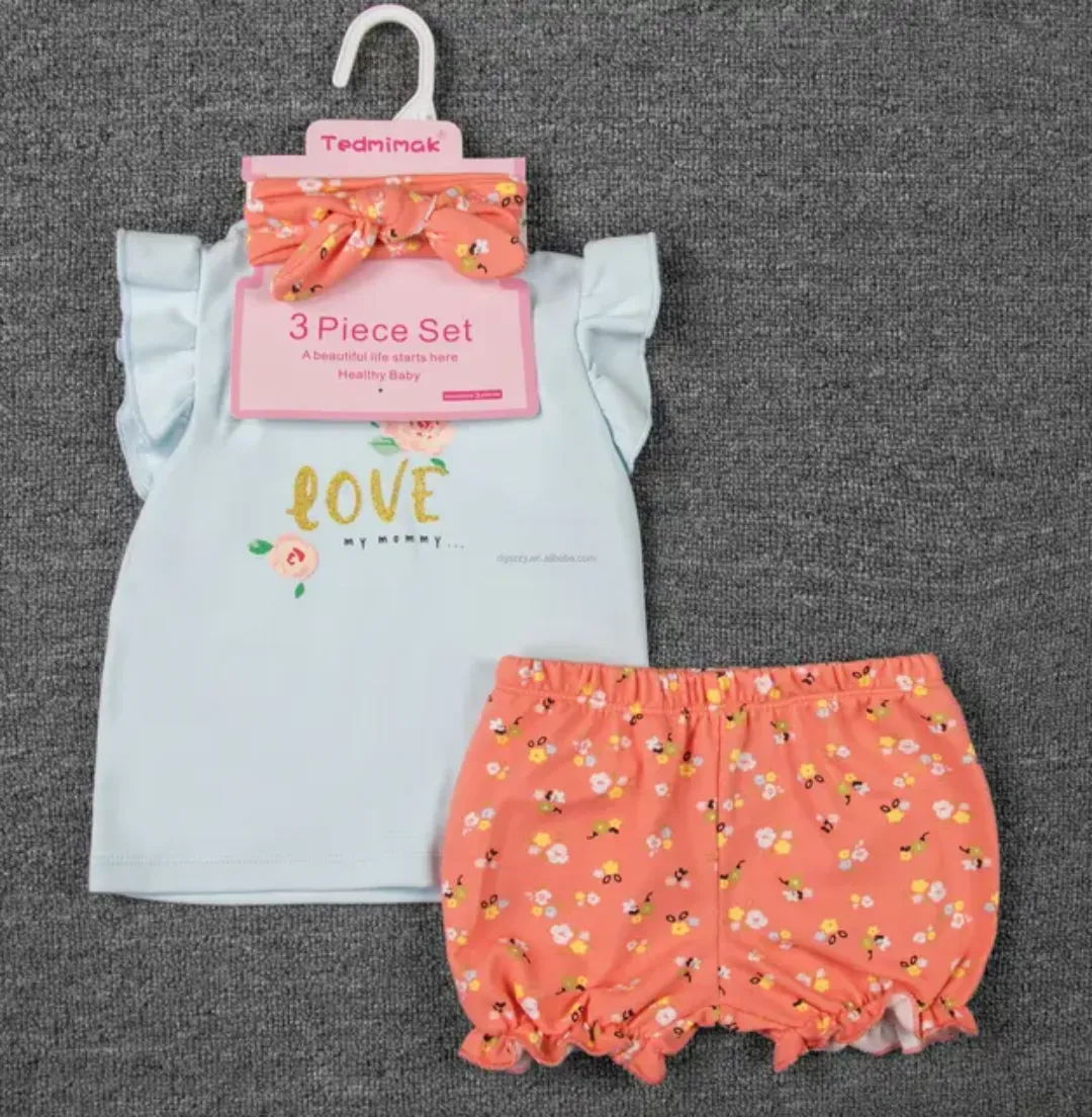 Ensemble 3 Pièces Été Bébé Fille – T-shirt Volanté, Short Imprimé et Bandeau – 0 à 18 Mois