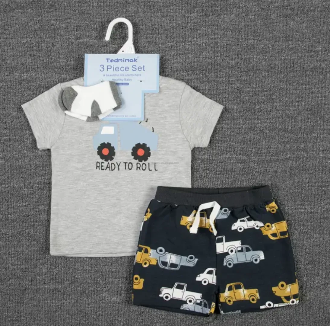 Ensemble 3 Pièces Été Bébé Fille – T-shirt Volanté, Short Imprimé et Bandeau – 0 à 18 Mois